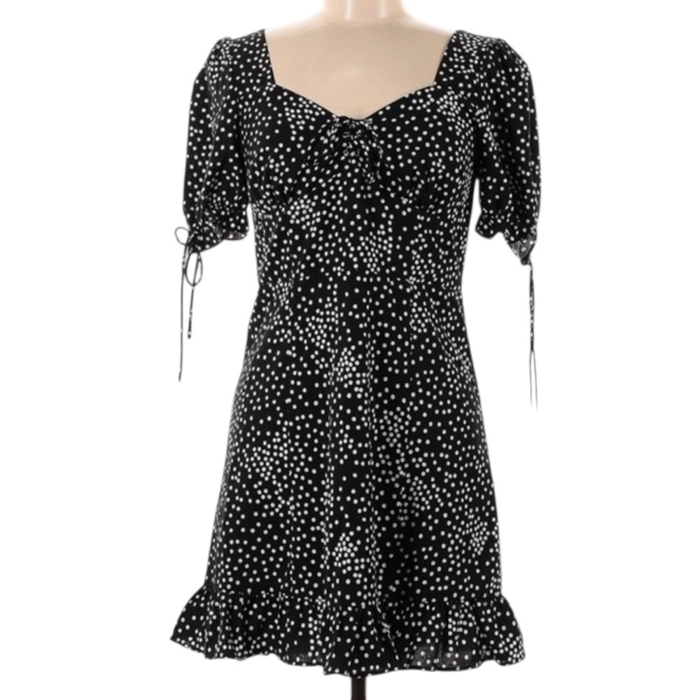 Nasty Gal Black White Polka Dot Lace Up Puff Sleeve Mini Dress M